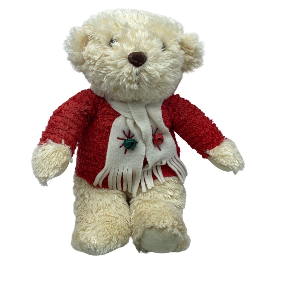Hallmark Cream Holiday Christmas Jingle Bell Scarf Bear Stuffed Animal Plush 13"